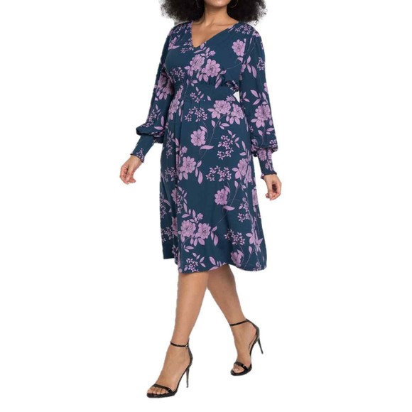 Eloquii Dresses & Skirts - Eloquii NWT Dress Smocked Waist Midi Blossom Branch Navy Lilac Floral Size 18
